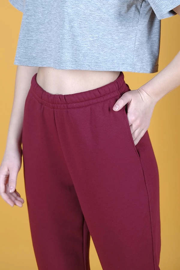 Брюки Хит из футера с начесом женские, однотонные темно-красные#3