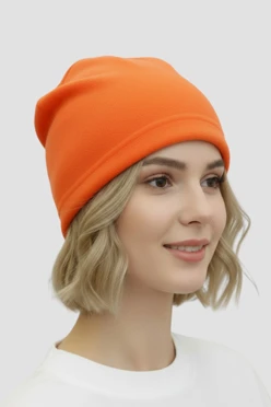 Купить шапку Руби флисовую однослойную взрослую, однотонную оранжевую