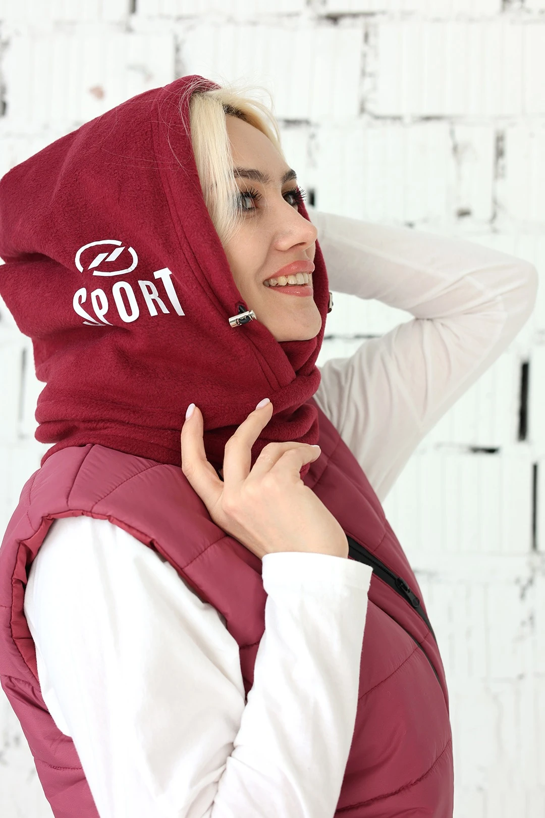 Капор Рейс флисовый взрослый, однотонный бордовый#1