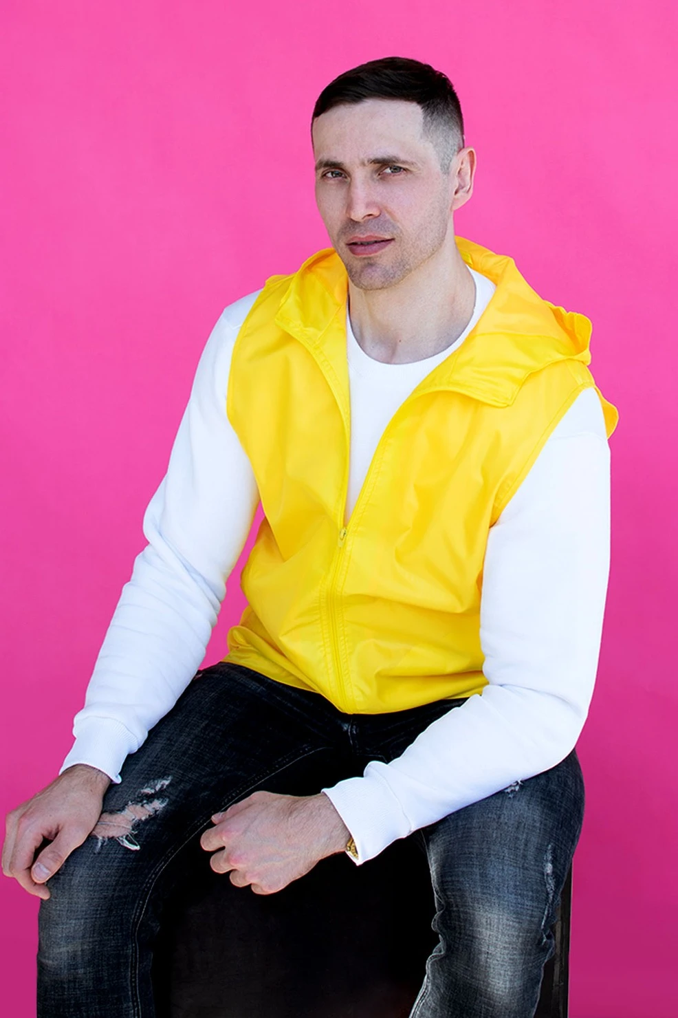 Жилет Профи с капюшоном унисекс, однотонный желтый#1 Жилет Профи с капюшоном унисекс, однотонный желтый#1