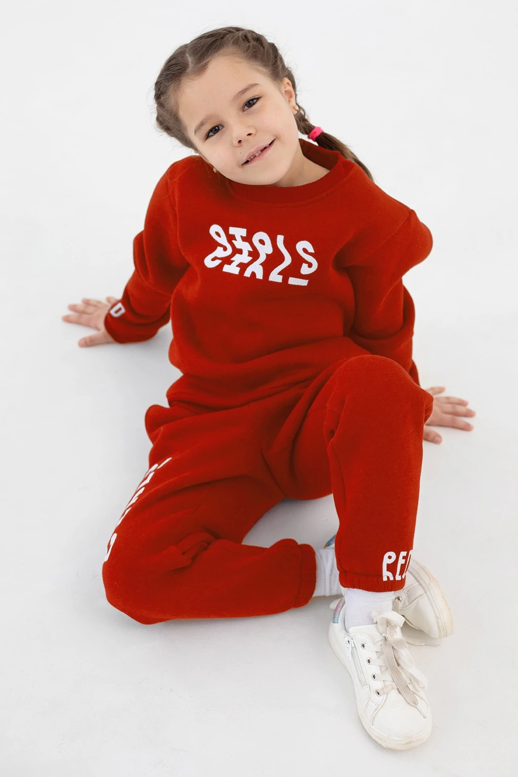 Купить брюки Хит из футера с начесом детские, однотонные красные