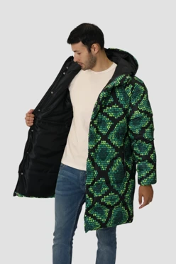 Купить пуховик Фридж с подкладом из лебяжьего пуха унисекс, с полной запечаткой "Sirius"