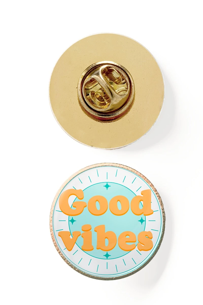 Значок заливной Круг диаметр 17 мм, с принтом "Good vibes"#1