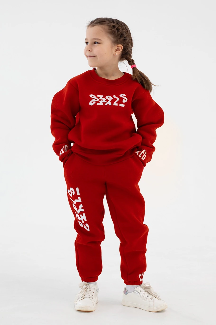 Брюки Хит из футера с начесом детские, однотонные красные#1