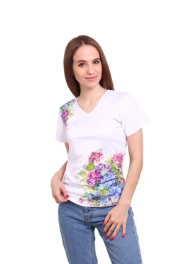 Купить футболку Гэлэкси V-ворот женская из ложной сетки с принтом "Flowers"