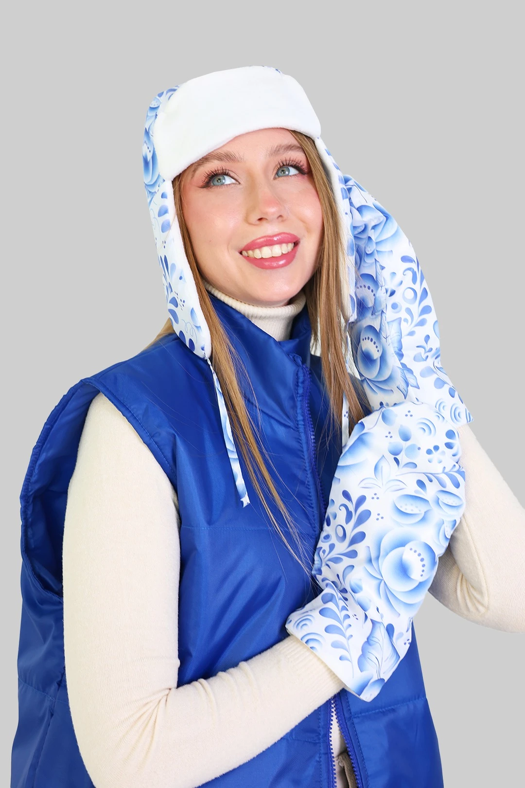 Варежки утепленные двухслойные взрослые, с полной запечаткой "Blue Flower"#3 Варежки утепленные двухслойные взрослые, с полной запечаткой "Blue Flower"#3