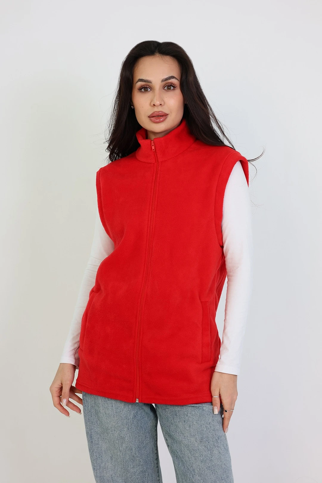 Жилет Браво флисовый без капюшона унисекс, однотонный красный#3