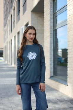 Купить лонгслив Гэлэкси Плюс женский из кулирки пэ с полной запечаткой "3 Heads"