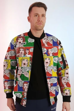 Купить куртку-бомбер Форд без капюшона на синтепоне унисекс, с полной запечаткой "Comics"