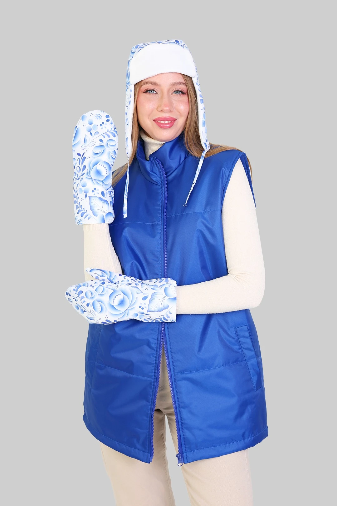 Варежки утепленные двухслойные взрослые, с полной запечаткой "Blue Flower"#1 Варежки утепленные двухслойные взрослые, с полной запечаткой "Blue Flower"#1