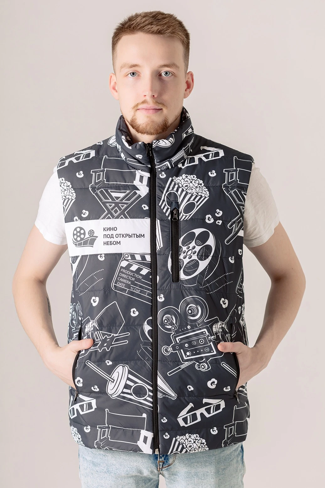 Жилет Бостон на синтепоне со стежкой унисекс, с полной запечаткой "Cinema under the sky"#6