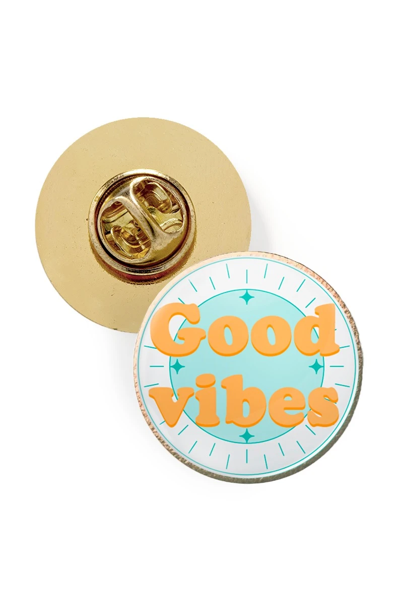 Купить значок заливной Круг диаметр 17 мм, с принтом "Good vibes"