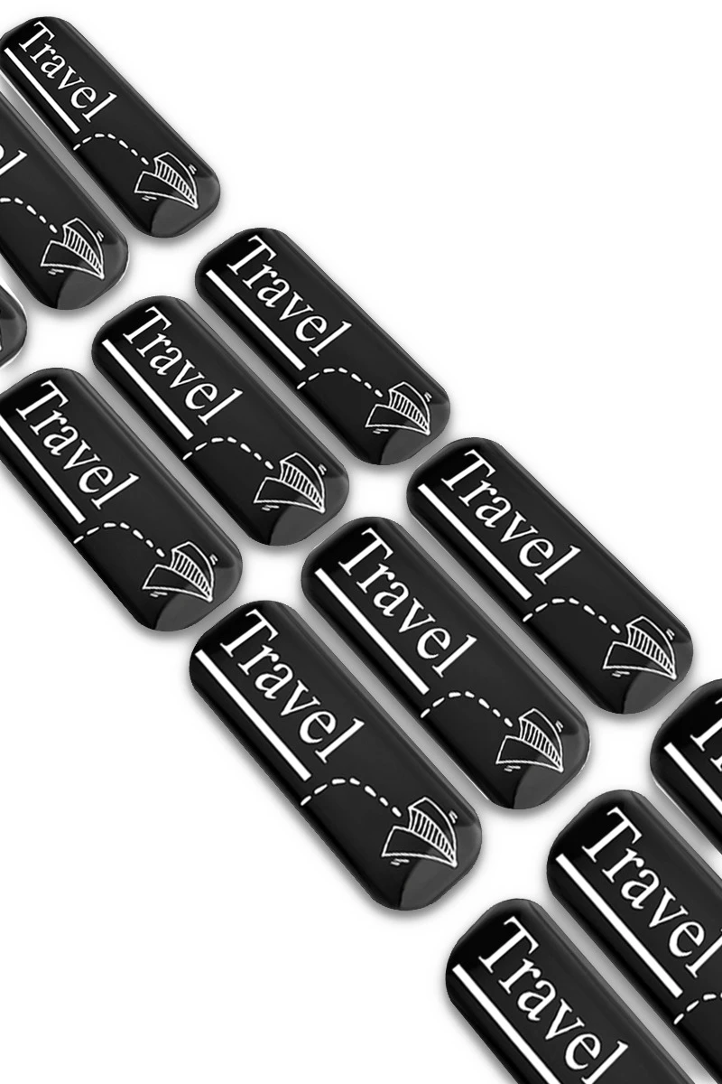 Купить наклейку заливную 1х3 см прямоугольник, с нанесением "Travel"