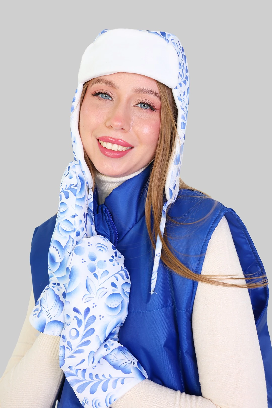 Варежки утепленные двухслойные взрослые, с полной запечаткой "Blue Flower"#2 Варежки утепленные двухслойные взрослые, с полной запечаткой "Blue Flower"#2