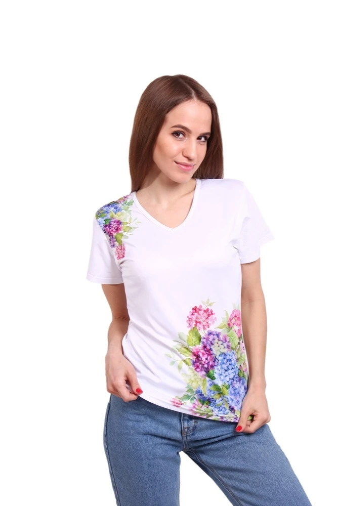 Купить футболку Гэлэкси V-ворот женская из ложной сетки с принтом "Flowers"