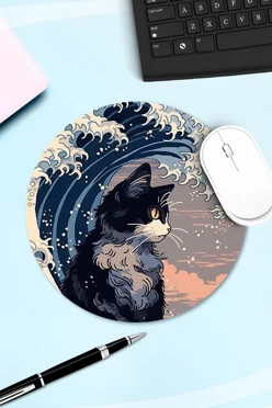 Купить коврик для мыши круглый с принтом "Cat on the waves"