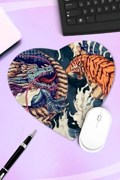 Купить коврик для мыши в форме сердца с принтом "Dragon and tiger"