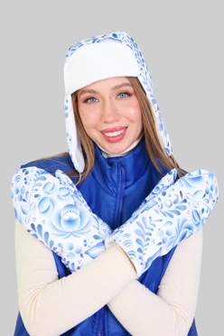 Купить варежки утепленные двухслойные взрослые, с полной запечаткой "Blue Flower"