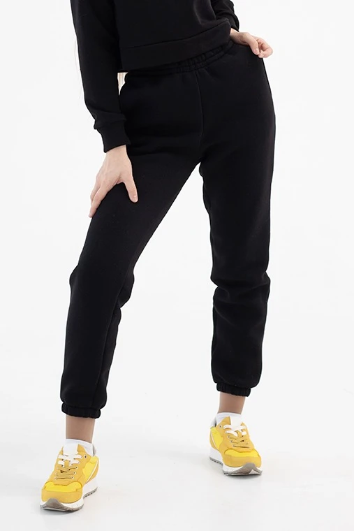 Купить брюки Итан из футера женские, однотонные черные Купить брюки Итан из футера женские, однотонные черные