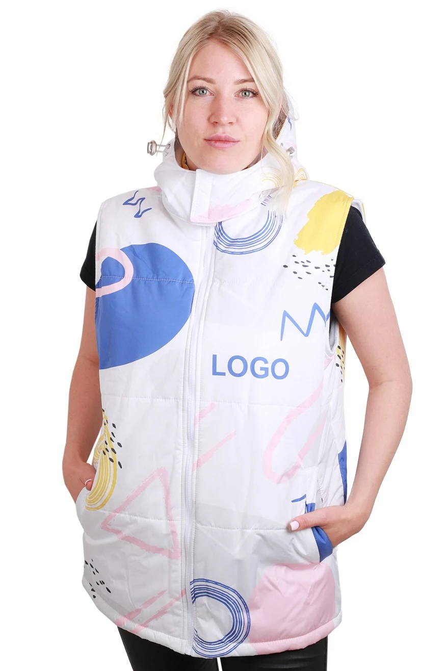 Жилет Диего на синтепоне с капюшоном унисекс, с полной запечаткой "Geometry"#1