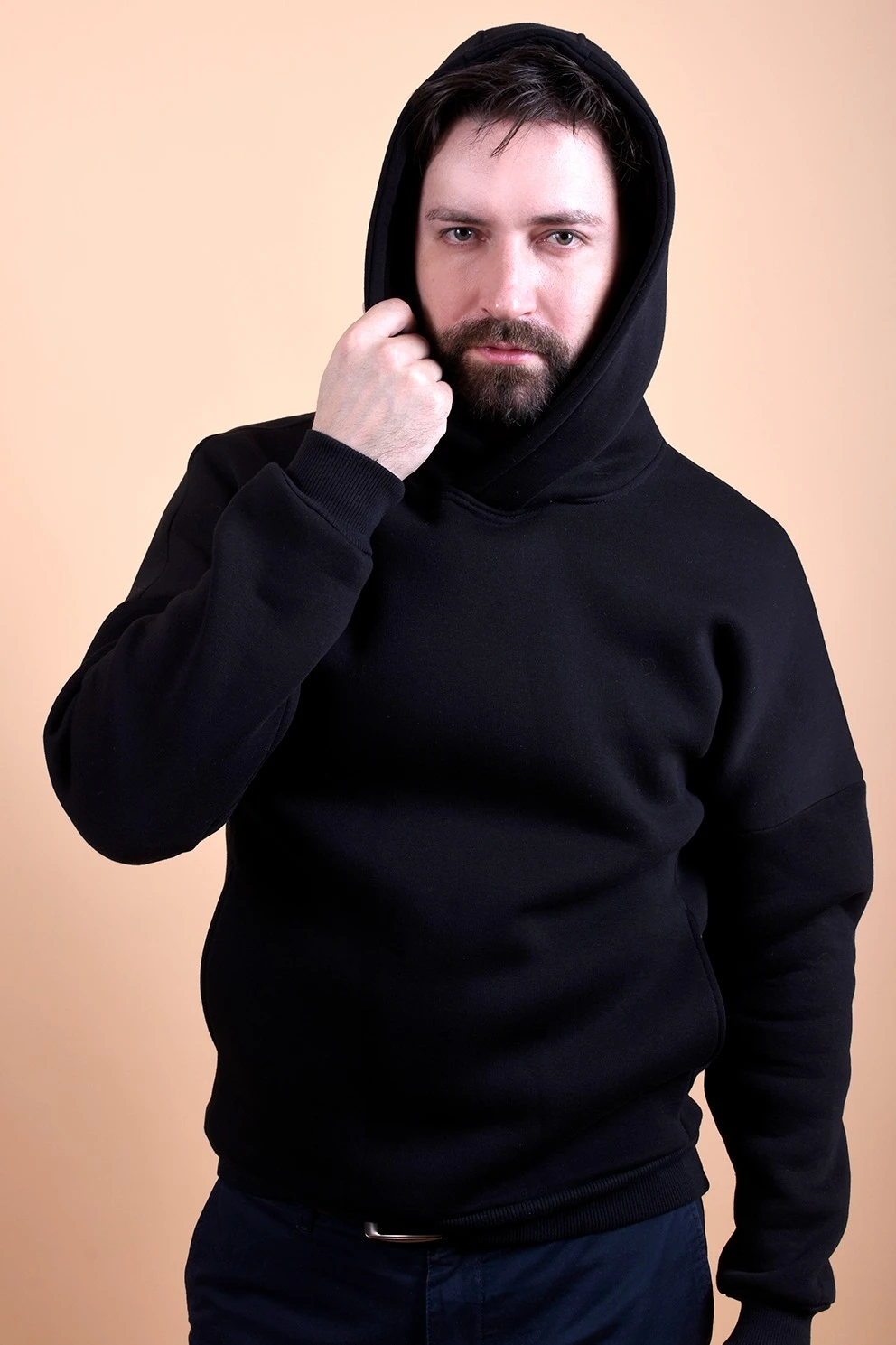 Худи Кинг из футера унисекс, однотонная черная#3