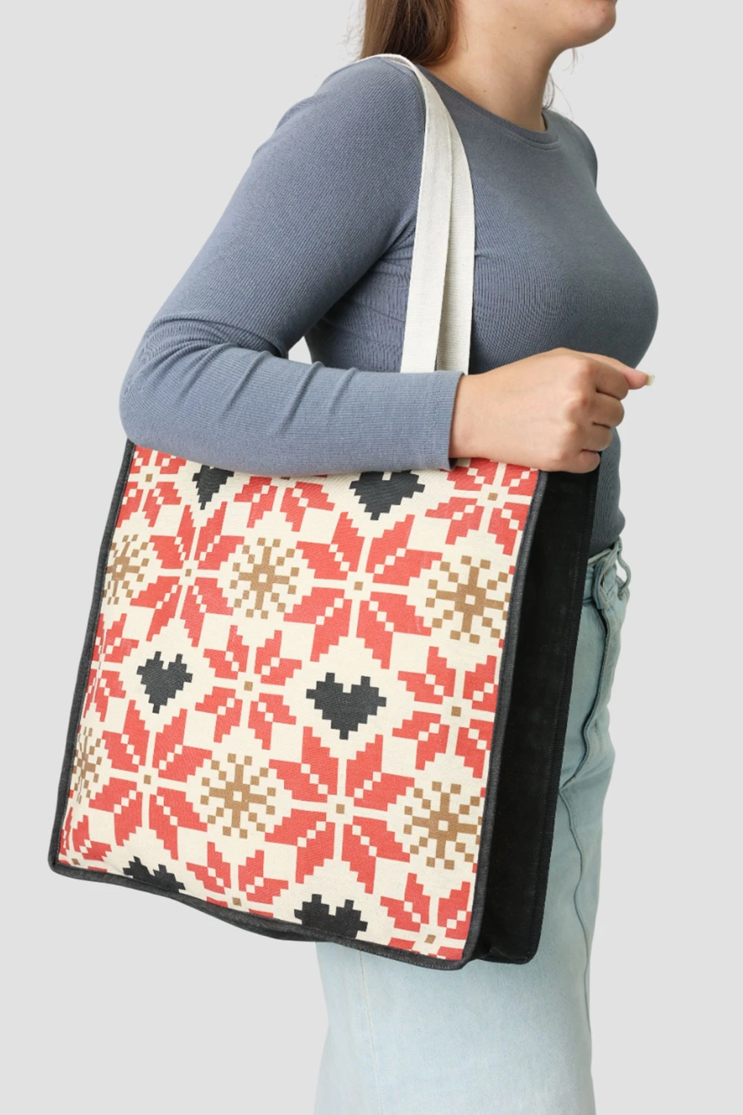 Сумка Киндо из двунитки 40х40х10 см, с принтом на одной стороне "Pattern with a heart"#1 Сумка Киндо из двунитки 40х40х10 см, с принтом на одной стороне "Pattern with a heart"#1