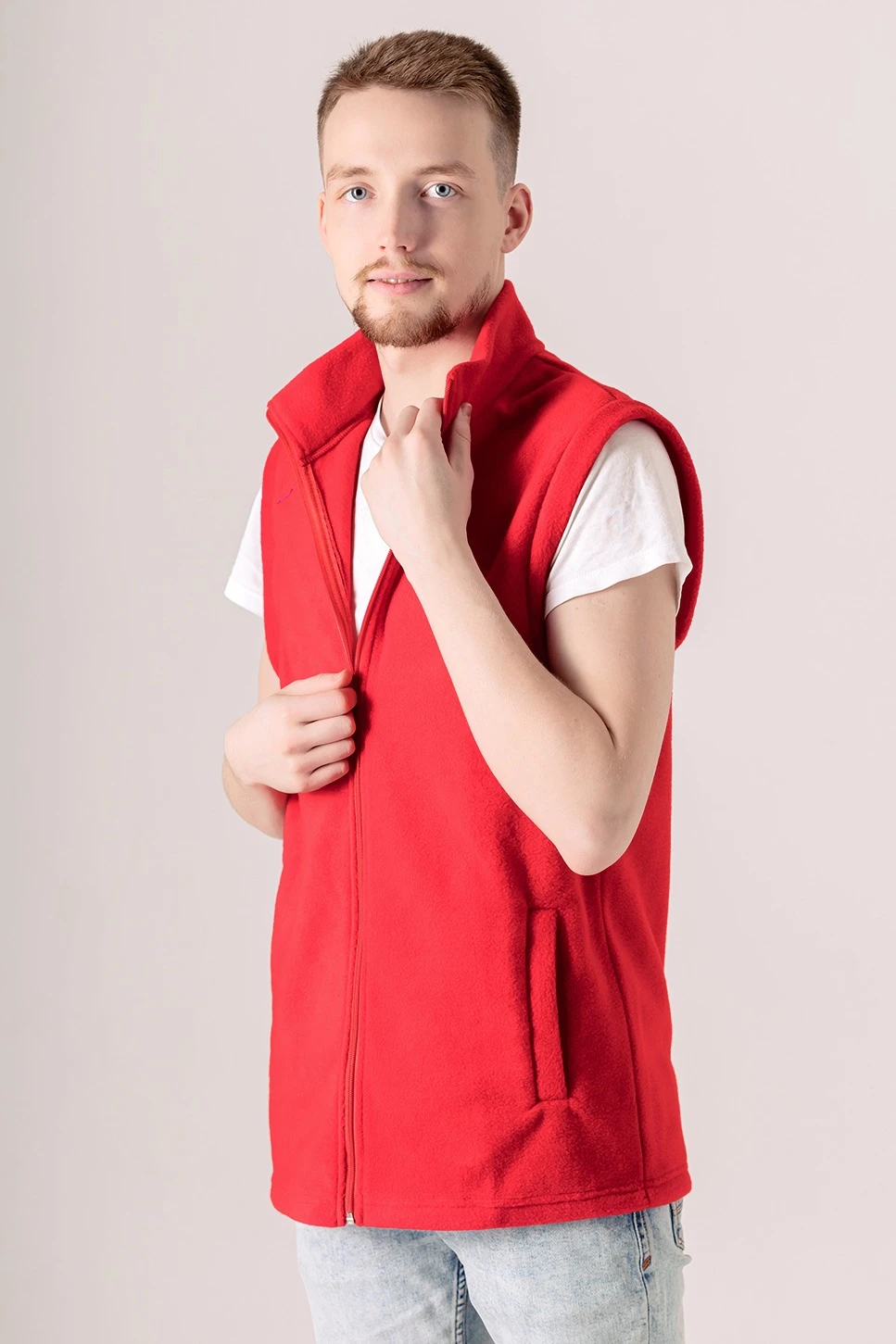 Жилет Браво флисовый без капюшона унисекс, однотонный красный#5