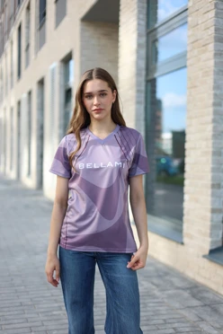 Купить футболку Гэлэкси V-ворот женская из примы с полной запечаткой "Bellami"