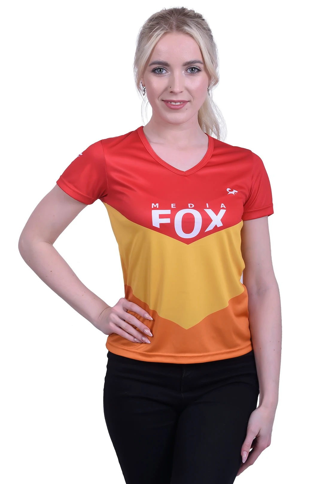 Купить футболку Гэлэкси V-ворот женская из примы с полной запечаткой "Fox"