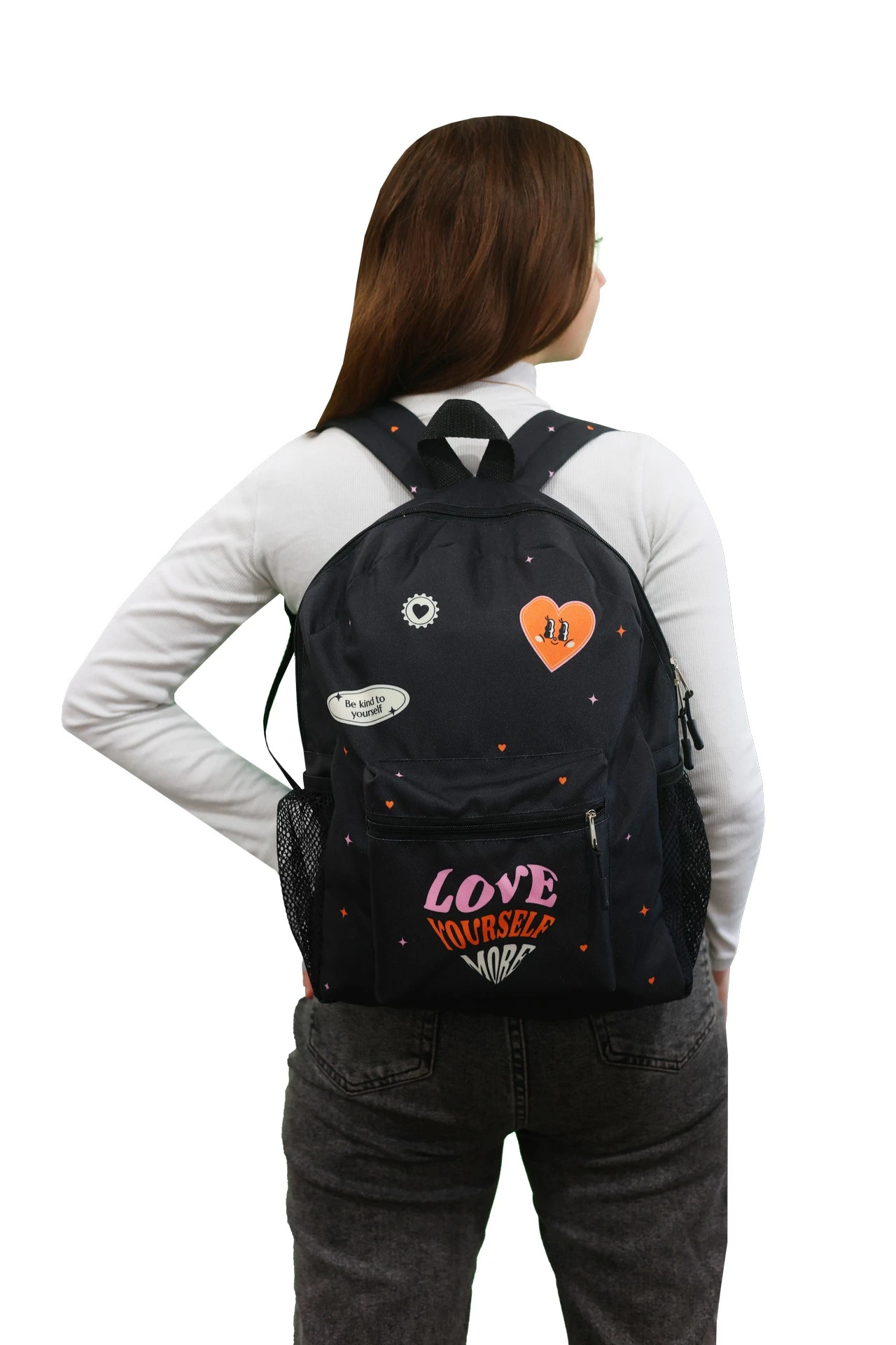 Купить рюкзак Кэрри мягкой формы 41х31х9,5 см, с полной запечаткой "Love Yourself More" Купить рюкзак Кэрри мягкой формы 41х31х9,5 см, с полной запечаткой "Love Yourself More"