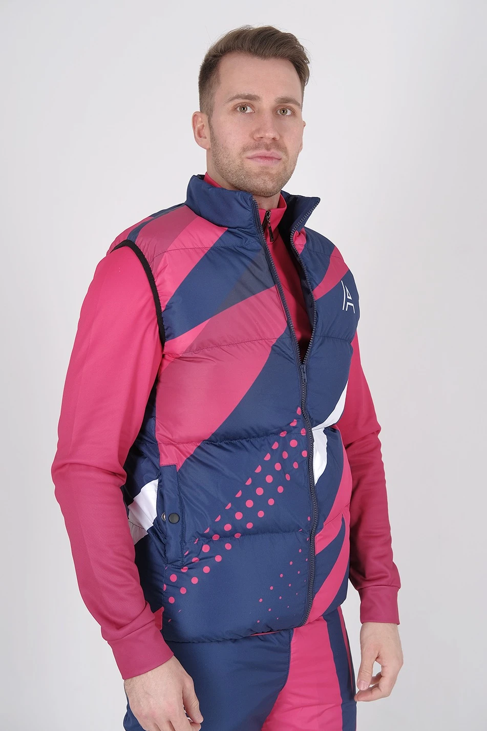 Жилет Морган Лайт с подкладом из лебяжьего пуха унисекс, с полной запечаткой "Dipole"#1 Жилет Морган Лайт с подкладом из лебяжьего пуха унисекс, с полной запечаткой "Dipole"#1