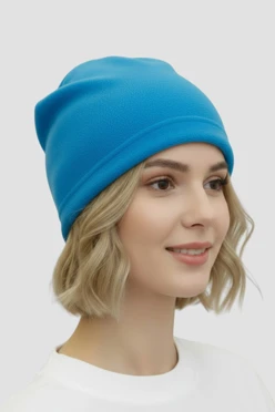 Купить шапку Руби флисовую однослойную взрослую, однотонную голубую